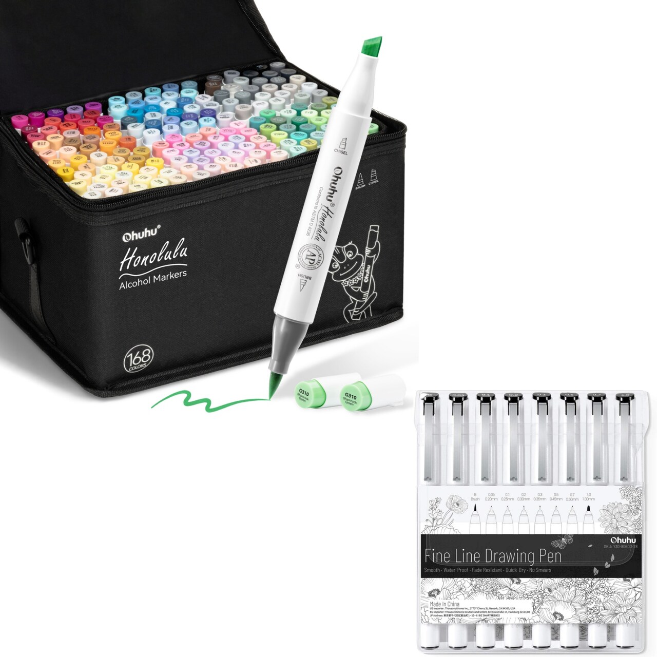 Ohuhu Honolulu 168 Colors Brush & Chisel Dual Tip Alcohol Marker Set + 8-size Tips Fineliner Pens
